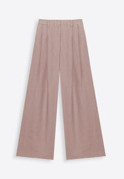 Beige wide-leg linen trousers on plain background, East Vibe
